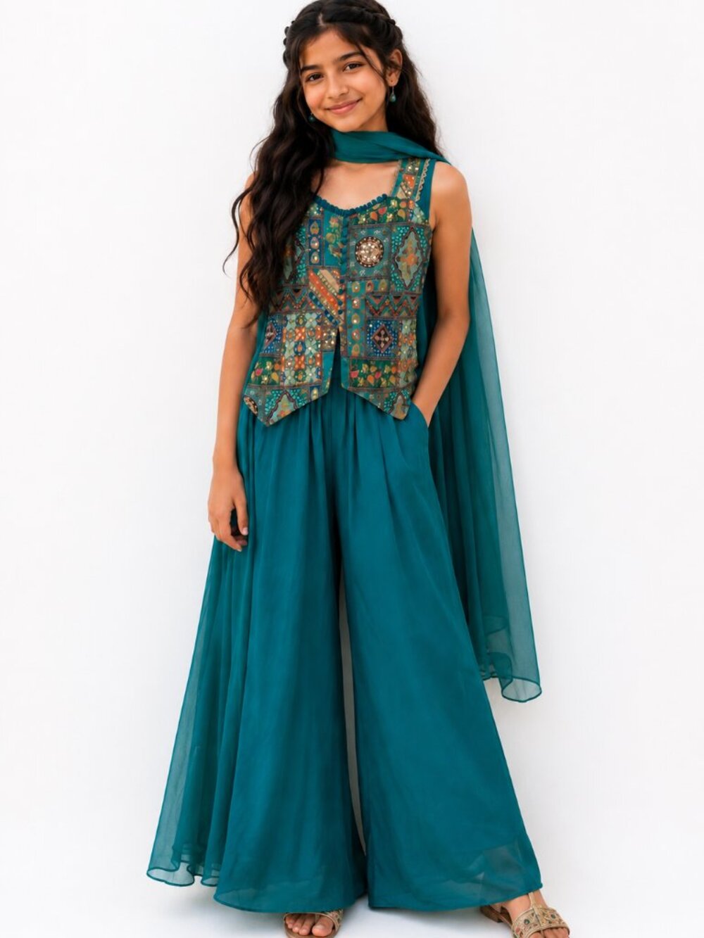Teal Patchwork Palazzo Set for Girls with Dupatta